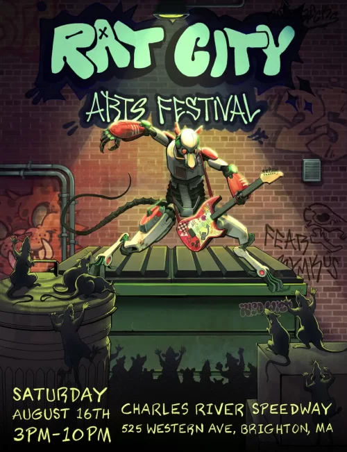 Illustrated poster of a robot rat playing guitar on a dumpster.