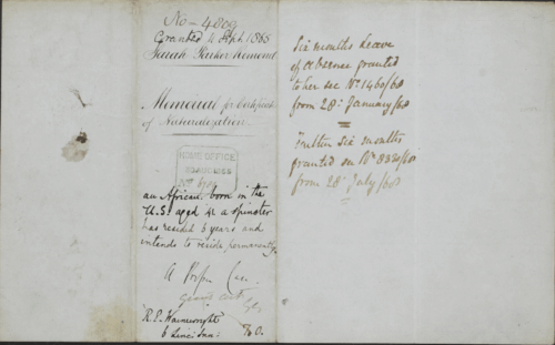 A handwritten document describing a citizenship application.