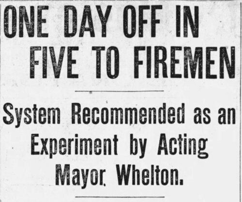 A newspaper clipping with the headline "One Day off in Five to Fireman".