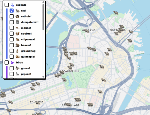 A screenshot of a map of Boston showing rat sightings in the city.