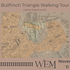A map of part of Boston with triangle shaped streets highlighted. The map is surrounded by train tracks.