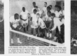 A newspaper clipping with three images. The far right and left images show two boys with tennis rackets. The center photo shows a class of students and their teacher with rackets.