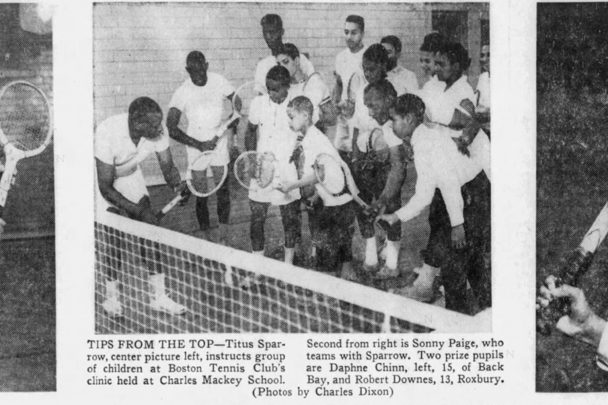 A newspaper clipping with three images. The far right and left images show two boys with tennis rackets. The center photo shows a class of students and their teacher with rackets.