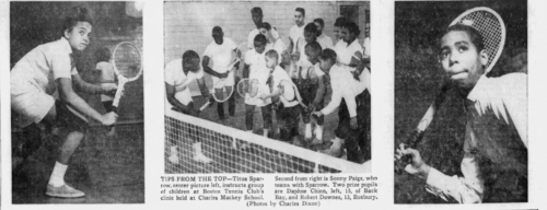 A newspaper clipping with three images. The far right and left images show two boys with tennis rackets. The center photo shows a class of students and their teacher with rackets.