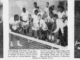 A newspaper clipping with three images. The far right and left images show two boys with tennis rackets. The center photo shows a class of students and their teacher with rackets.