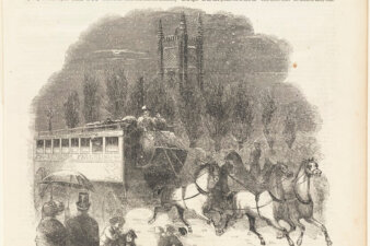 An omnibus pulled by four horse skids around a corner in a snow storm.