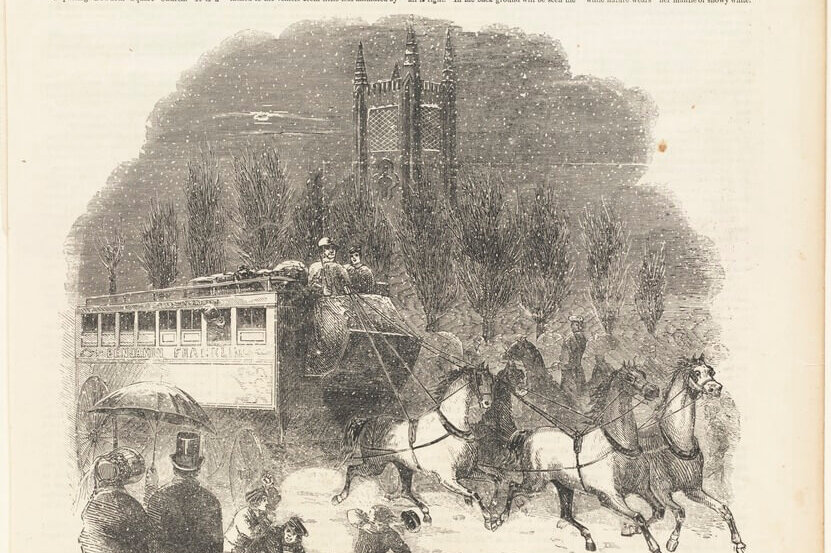 An omnibus pulled by four horse skids around a corner in a snow storm.