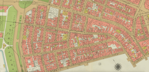 A map of Boston from above showing the streets of the West End.