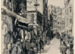 Illustration of shoppers on a narrow cobblestone street with peddlers.