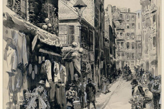 Illustration of shoppers on a narrow cobblestone street with peddlers.