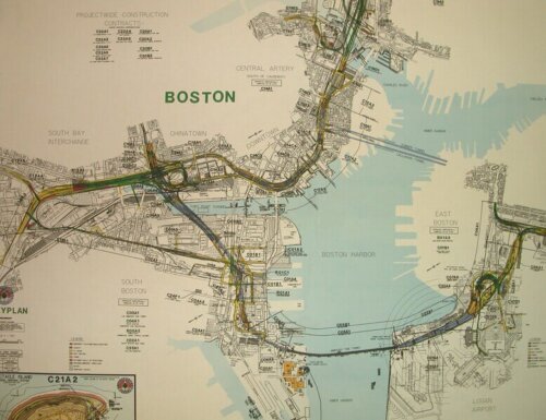A large map of Boston from above showing the Big Dig.