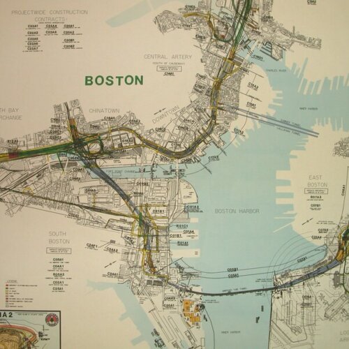 A large map of Boston from above showing the Big Dig.
