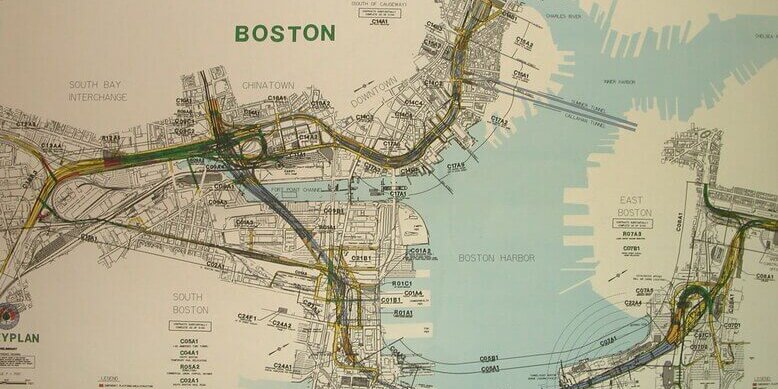 A large map of Boston from above showing the Big Dig.