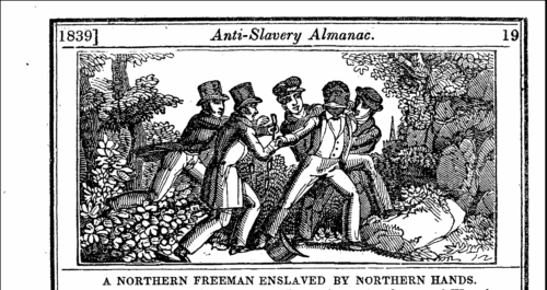 Illustration of a group of white men grabbing a black man in an anti-slavery almanac.
