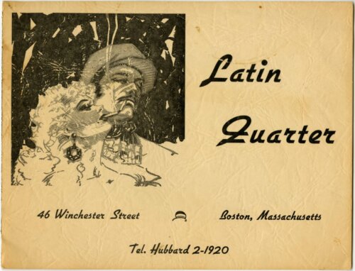 A photo cover with the image of a man and woman smoking in one corner and the name and address of the Latin Quarter club.