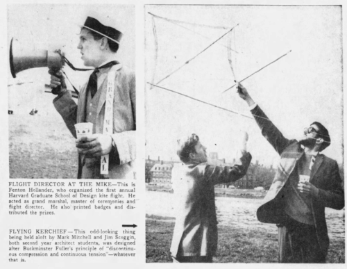 Two images in a newspaper. One is a man with a megaphone. The other is two men holding up a kite.