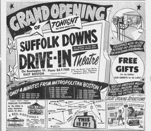 A busy newspaper ad describing the opening day celebrations at Suffolk Downs Drive in Theatre.