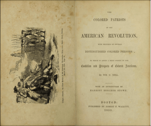 Title page of a book "The colored patriots of the American Revolution" with an illustration of the Boston massacre to the left.