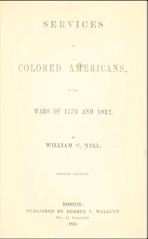 The title page of a book "Services of Colored Americans in the wars of 1776 and 1812.
