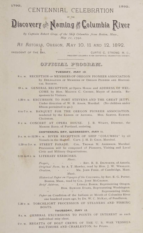 A program showing the events surrounding the "Centenary Celebration of the Discovery of Naming of the Columbia River."