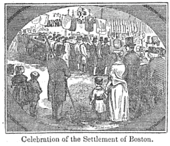 A oval shaped illustration showing a group of well dressed men, women, and children looking at a parade.