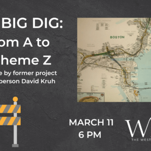 A charcoal background with an image of a map of Boston marking the Big Dig tunnels.