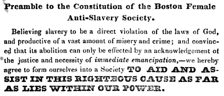 A selection of text that is titled "Preamble to the Constitution of the Boston Female Anti-Slavery Society."