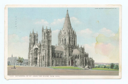 A postcard showing a large gothic cathedral with a double tower at the west front and a large central tower over the nave.