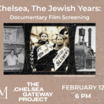 A light brown background with an old film texture on it. In the center are three images in a film strip, men behind a deli counter, two girls at a protest, and a theatre.