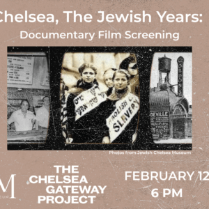 A light brown background with an old film texture on it. In the center are three images in a film strip, men behind a deli counter, two girls at a protest, and a theatre.