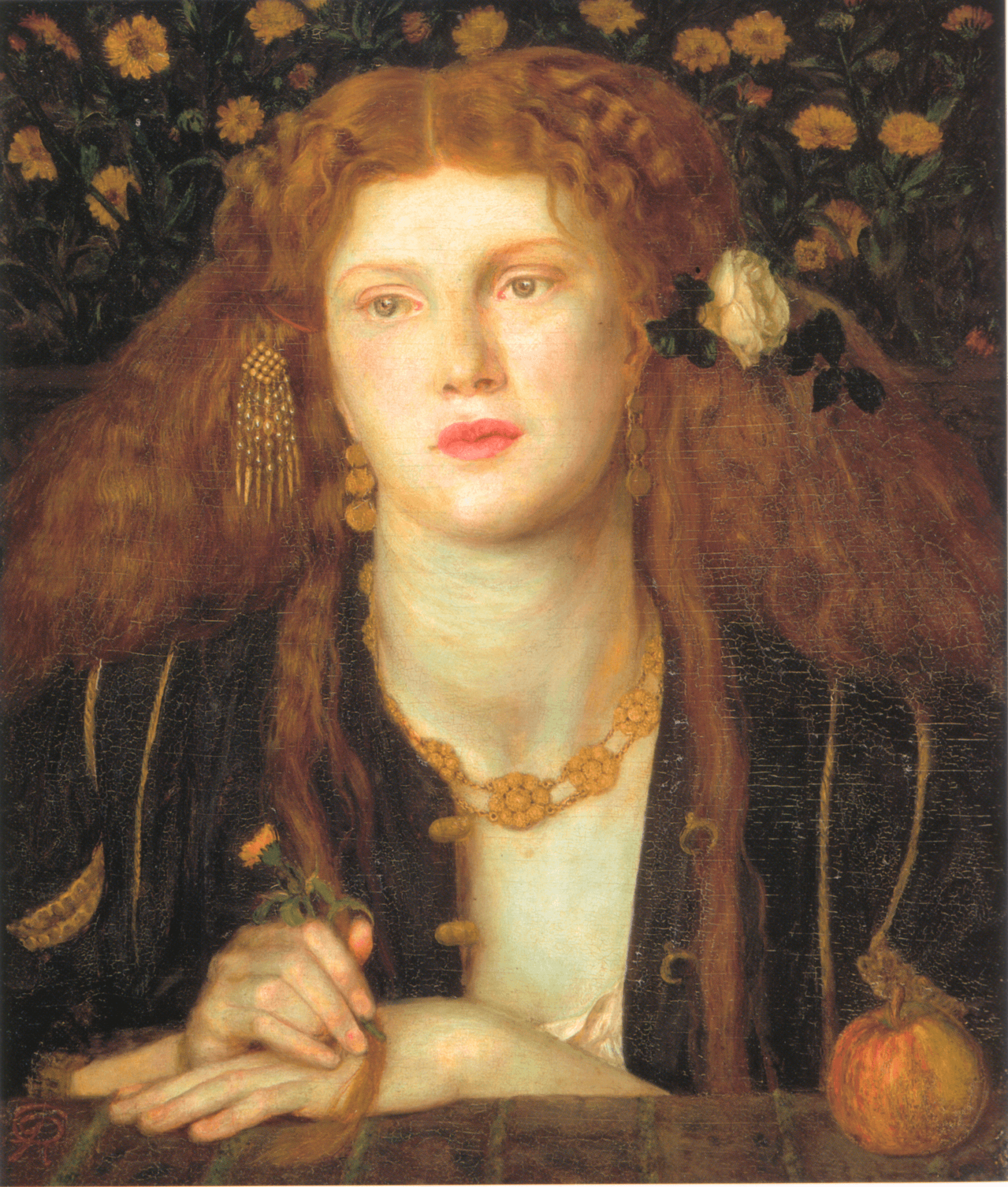 A painting of a red haired woman from the chest up in a large robe in front of flowers.
