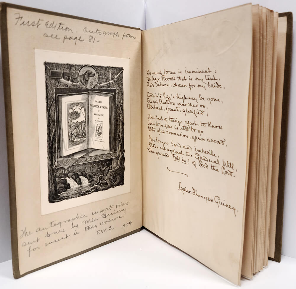 An open book with a book plate to the left and a handwritten poem and the authors signature to the right.