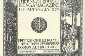 The cover of a magazine with an illustration of a knight in a forest with a central block of text.