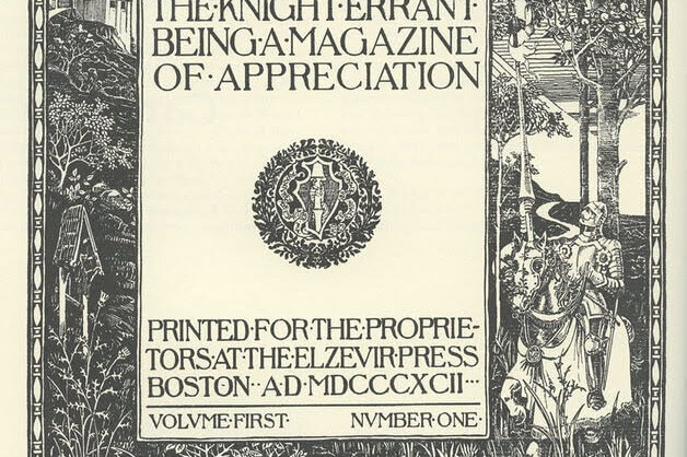 The cover of a magazine with an illustration of a knight in a forest with a central block of text.