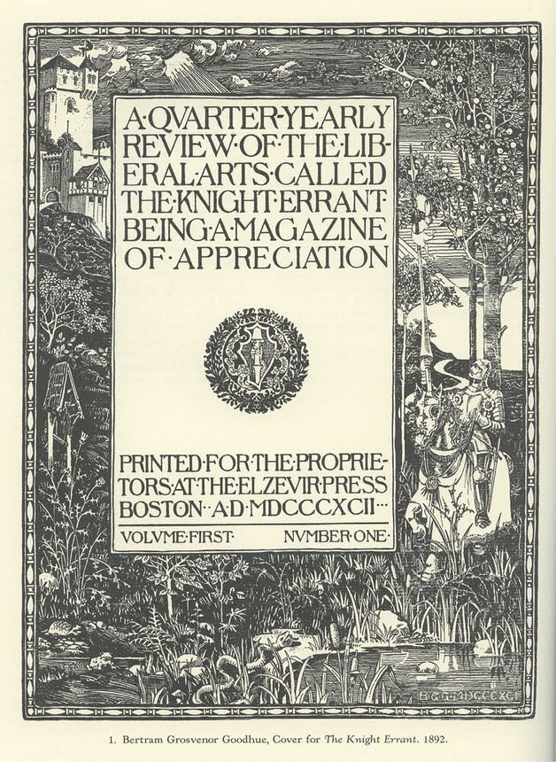 The cover of a magazine with an illustration of a knight in a forest with a central block of text.
