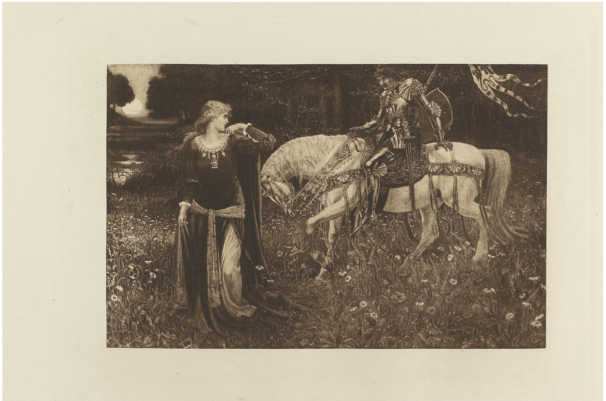 A woman in medieval costume speaks to a knight on a white horse.