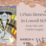 A pale pink poster lined in bricks with an images of a book cover that says "Legends of Little Canada"