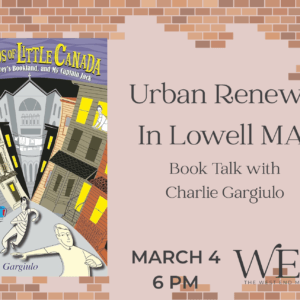 A pale pink poster lined in bricks with an images of a book cover that says "Legends of Little Canada"