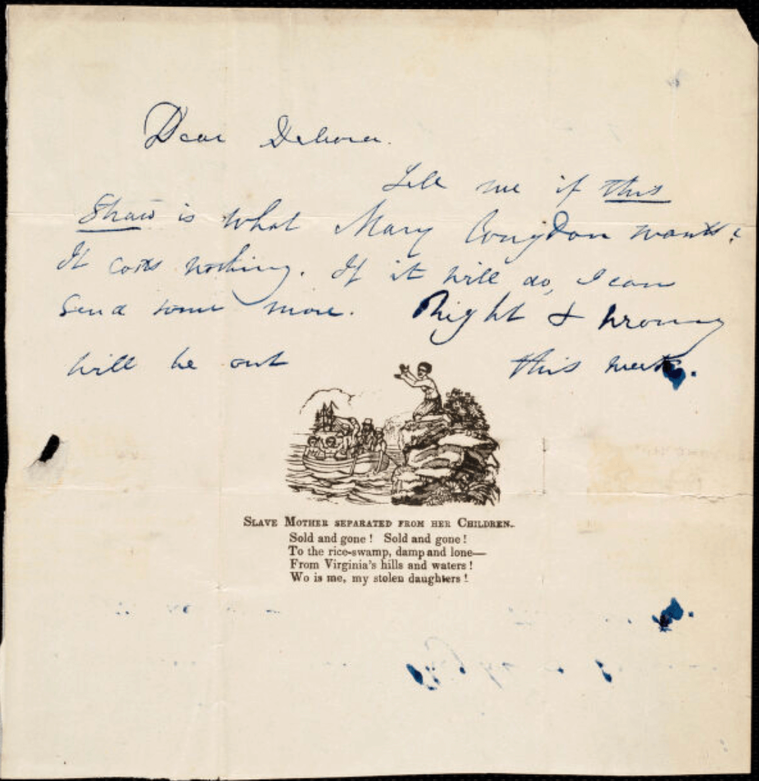 A handwritten letter above an illustration of an enslaved woman reaching out to her children who are being taken away from her by boat.