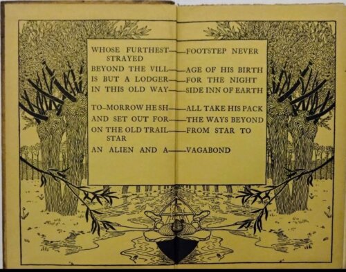 Interior page of a book with illustrations of a forest around a central poem.