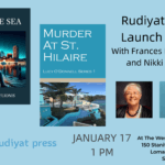 a pale blue background with two book covers and two images of white haired women.