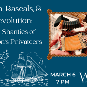 A blue banner with an image of two men in pirate costumes over an illustration of a pirate ship.