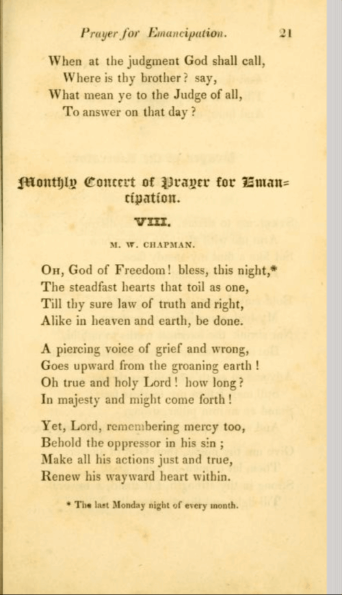 A selection of a narrow book highlighting a prayer titled "Monthly Concert of Prayer for Emancipation VIII".