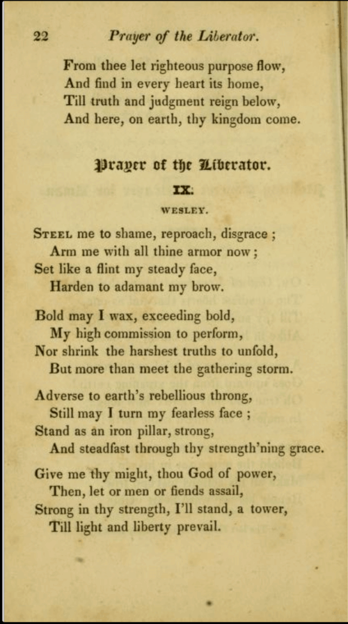 The final stanza of a selection of a narrow book highlighting a prayer titled "Monthly Concert of Prayer for Emancipation VIII".