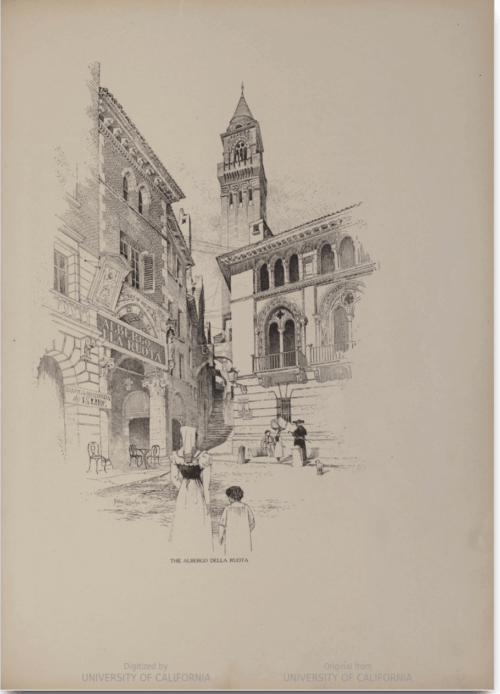 A sketch of a street in Italy with a tower and piazza style architecture.