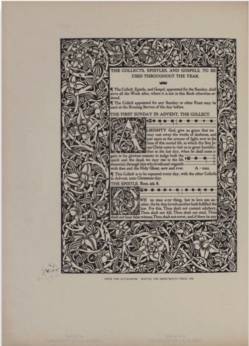 An illuminated style page of a printed book with musical notation surrounded by stylized plants.