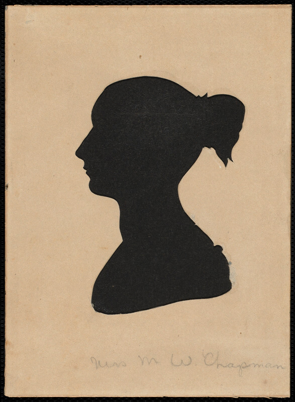A silhouette of a woman with a bun facing to the left.