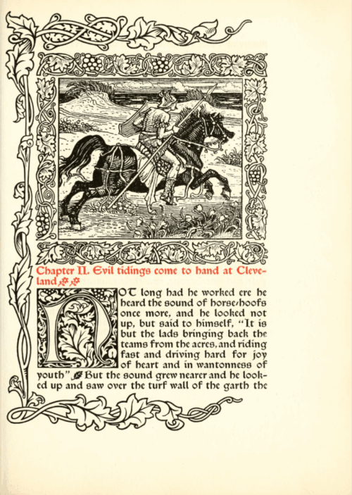 An illuminated manuscript style printed page with an image of a knight on a black horse.
