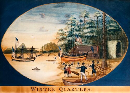 An oval shaped painting showing a ship in a cove with men in smaller ships along the shore with several small buildings.