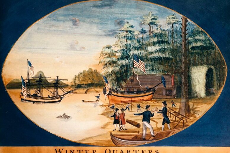 An oval shaped painting showing a ship in a cove with men in smaller ships along the shore with several small buildings.